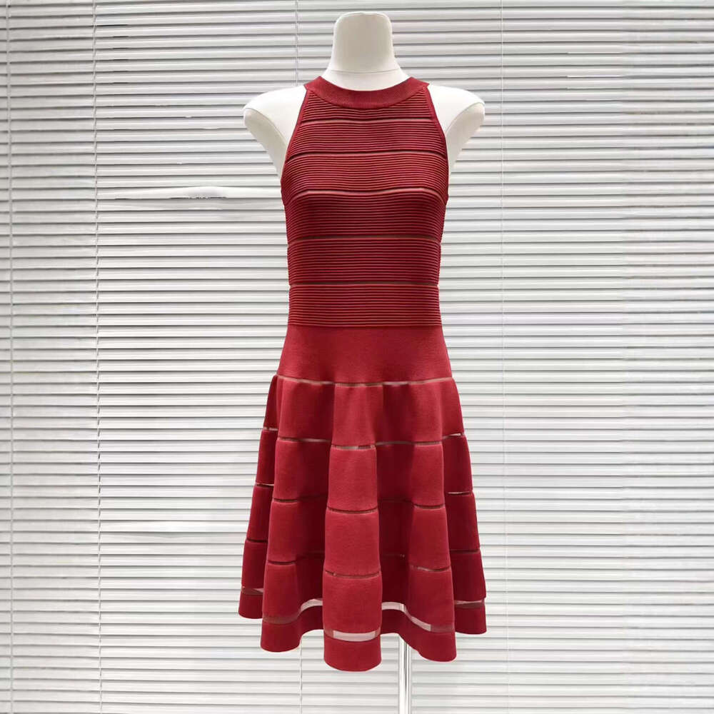 Designer French elegant V-neck gold button ribbed slim k30 knit women's sleeveless A-line mini skirt