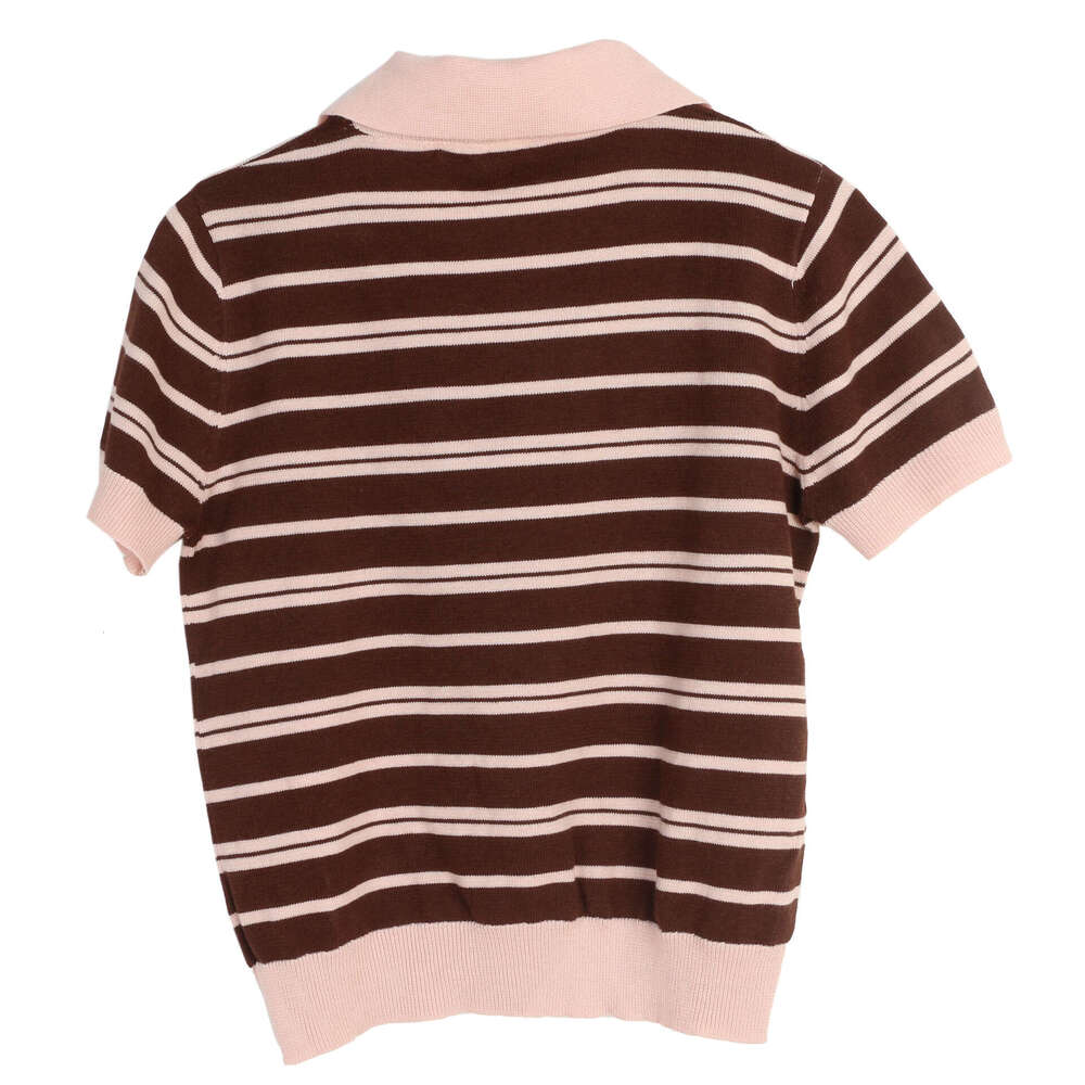 Spring new color blocked women's pullover shirt with striped fold k30 collar and mesh pattern, multifunctional short sleeved knitted fabric