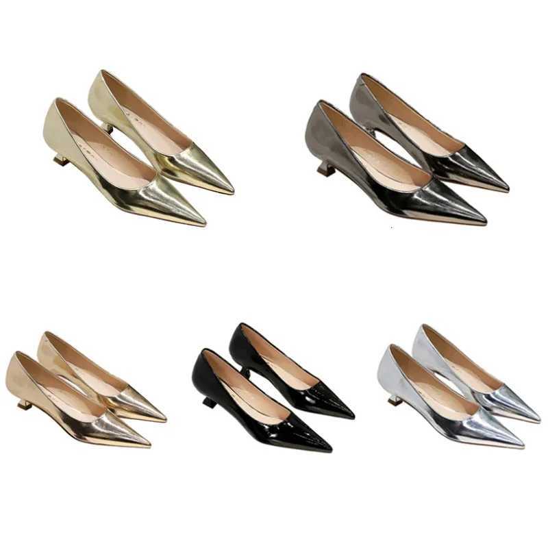 Women Comfortable 35cm High Heels Shallow Pointed Toe Work Pumps Lady Glossy Leather Low Heels 2024 Luxury Brand Designer Shoes X260401