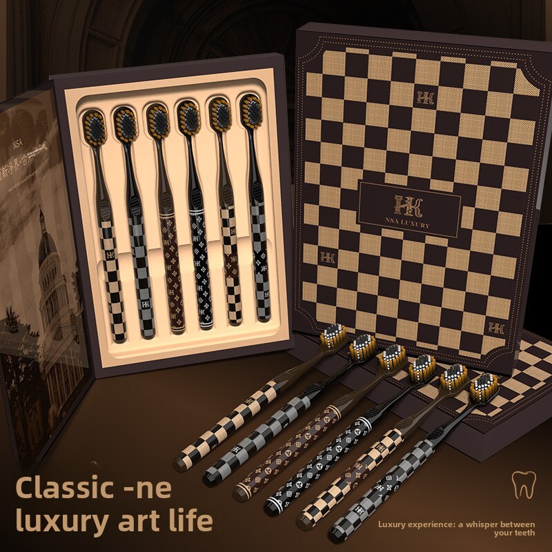 Toothbrushes 6 Piece Gift Box Set Light Luxury Mountain Shaped Soft Bristle Surface Comfortable Teeth Cleaning Suitable For Adults And Couples Checker