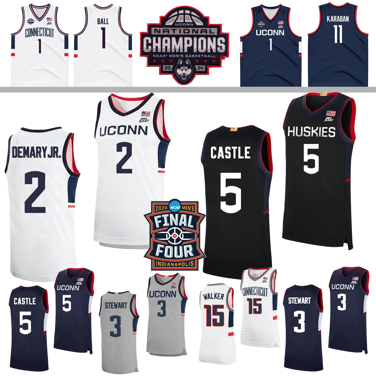 2026 Final Four 4 Patch UConn Huskies Basketball Jersey College Tarris Reed Jr. Alex Karaban Solo Ball Silas Demary Jr. Eric Reibe Jaylin Stewart Jayden Ross Smith
