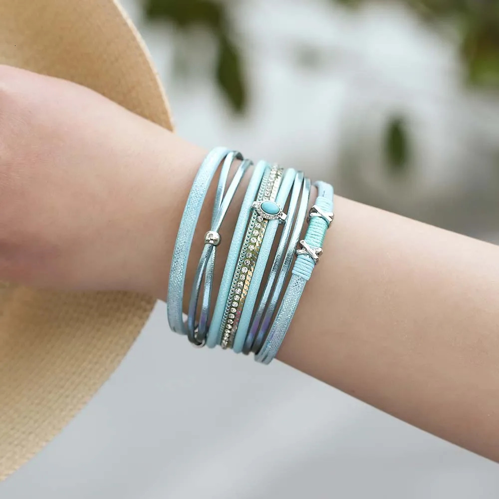Amorcome Bohemian Multilayer Wrap Leather Bracelet for Women Men Blue Stone Rhinestone Chain Charm Bracelet Party Summer Jewelry 260318BJ - view 3
