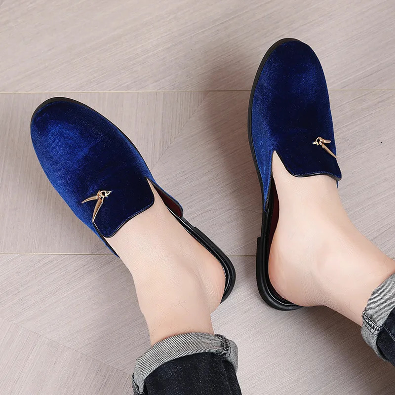 Fashion Men Velvet Tassels Half Slippers Loafer Male Casual Purple Green Blue Black Mules Moccasins Breathable Driving Shoes 260331
