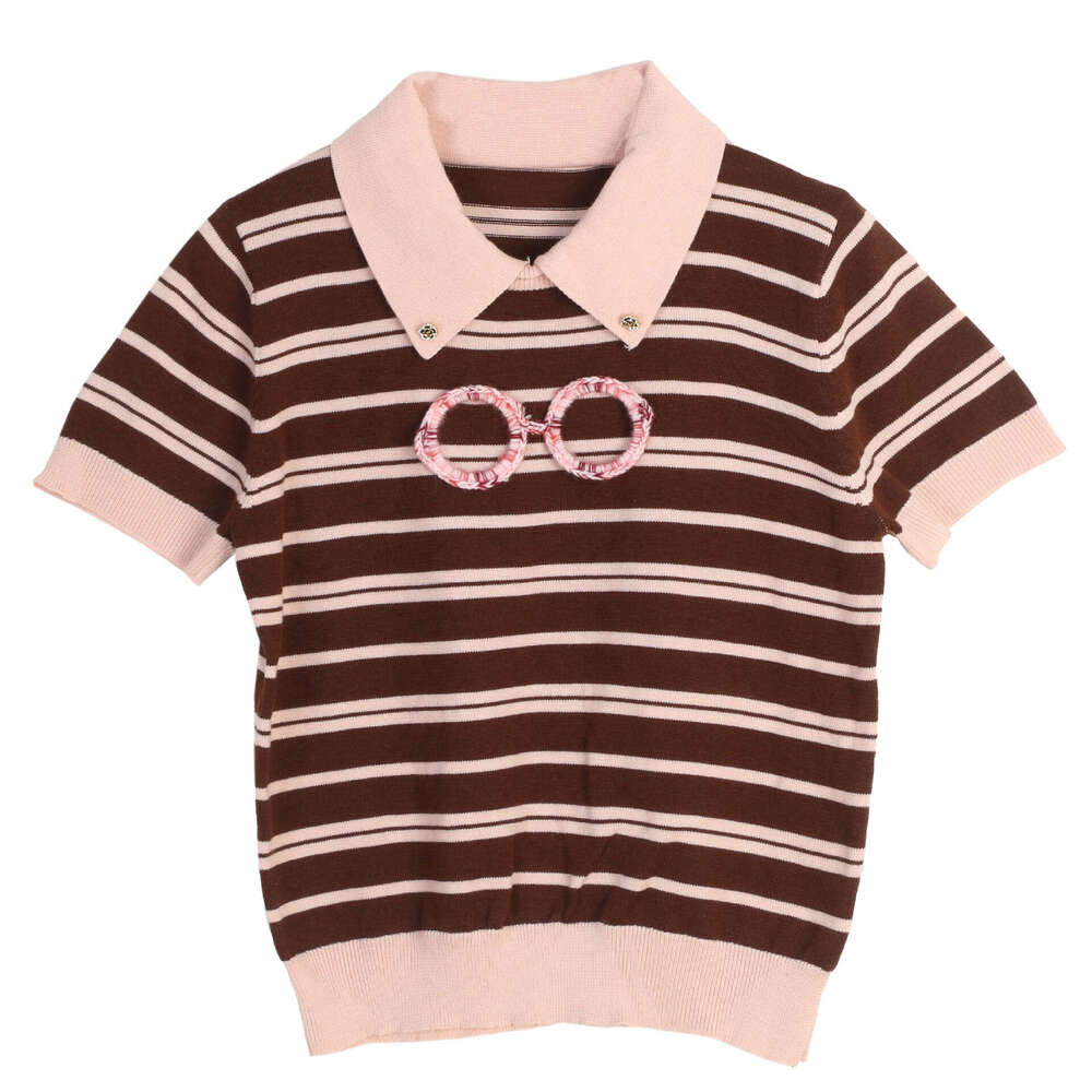 Spring new color blocked women's pullover shirt with striped fold k30 collar and mesh pattern, multifunctional short sleeved knitted fabric