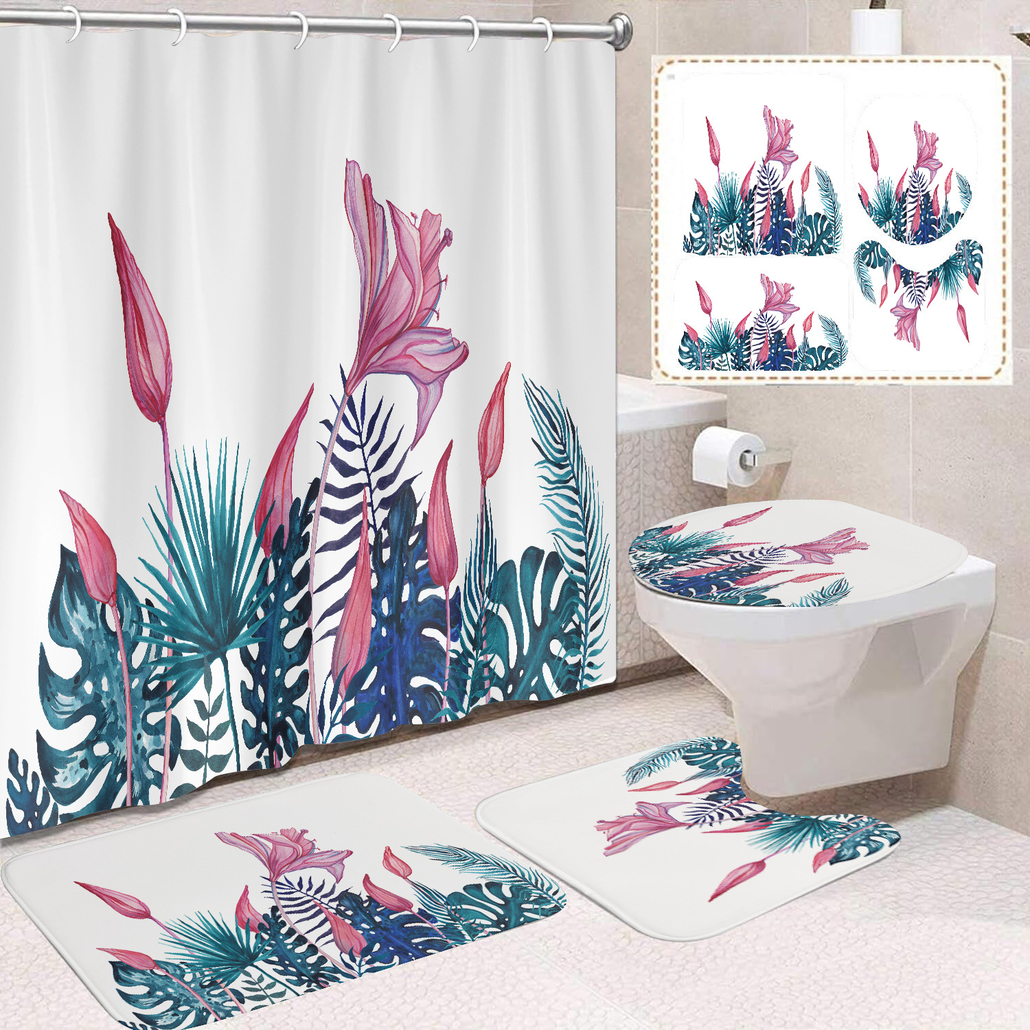 YL-38422 Floral Shower Curtain and Mat Set (4 Pieces) - Bathroom Dry and Wet Separation, Toilet Isolation Curtain, Modern Minimalist Style