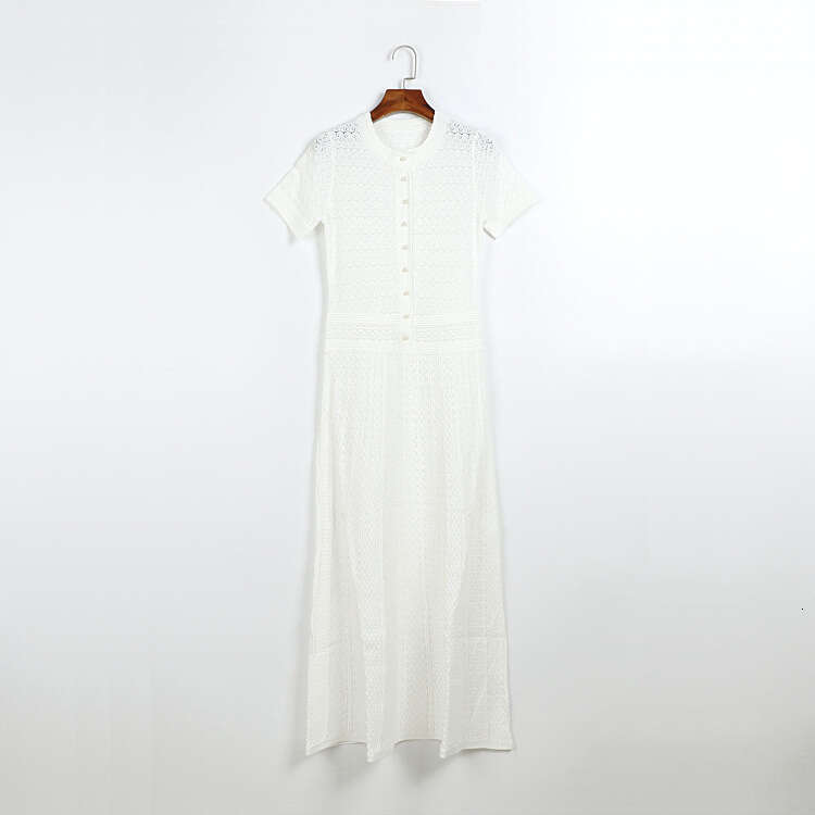 Summer New Designer Round k30 Neck Extended Short Sleeve Knitted Dress Single Row Bead Button Diamond Horn Ruffle Skirt