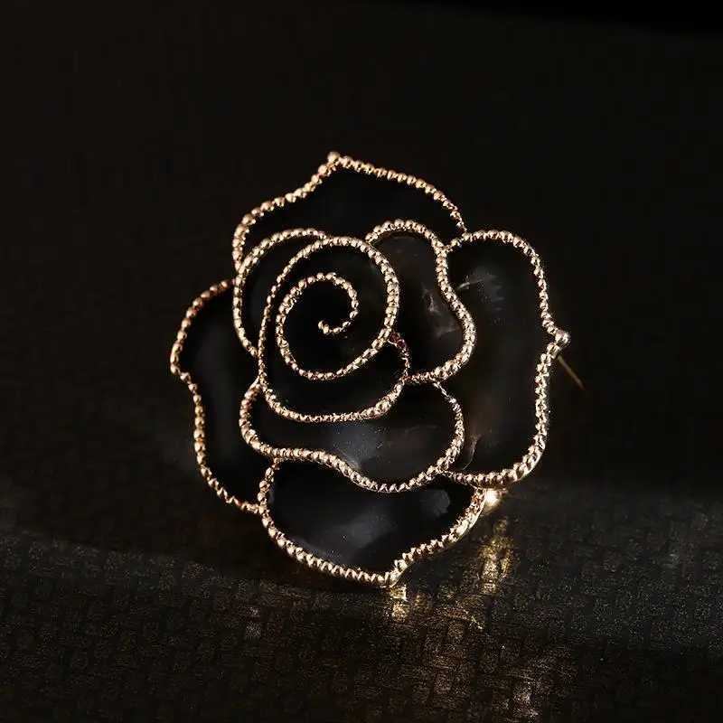 HappyTemperament Black White Camellia Flower Brooches Mourning Corsage Pin For Woman Shirt Dress Scarf Clothing Accessories Z260401