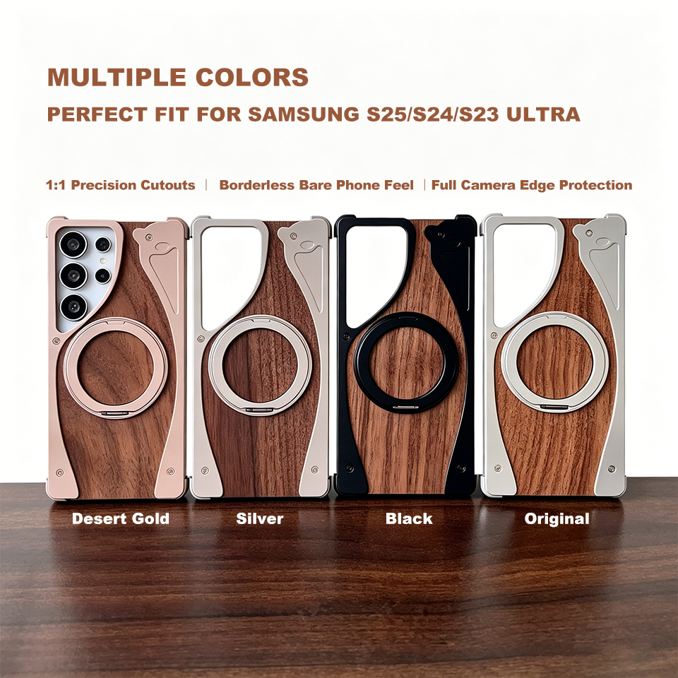 Walnut Aluminum Phone Case for Samsung S24 Ultra,Magnetic Stand, Metal Semi-wrapped style & Drop-Proof Cover