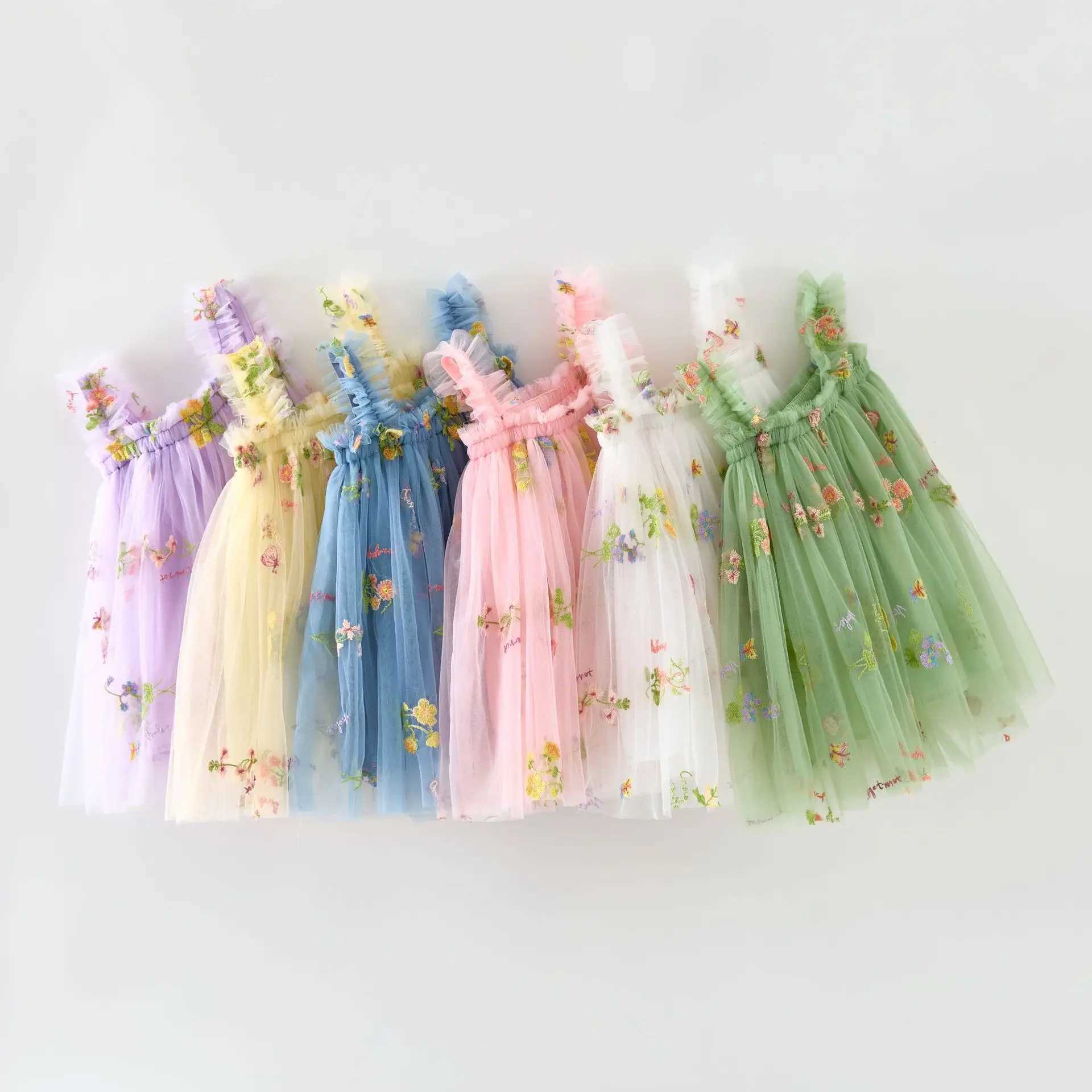 Baby Girl Dresses Summer Suspenders Flower Embroidery Mesh Dress Cute Wedding Flower Infant Girl Clothes H260402