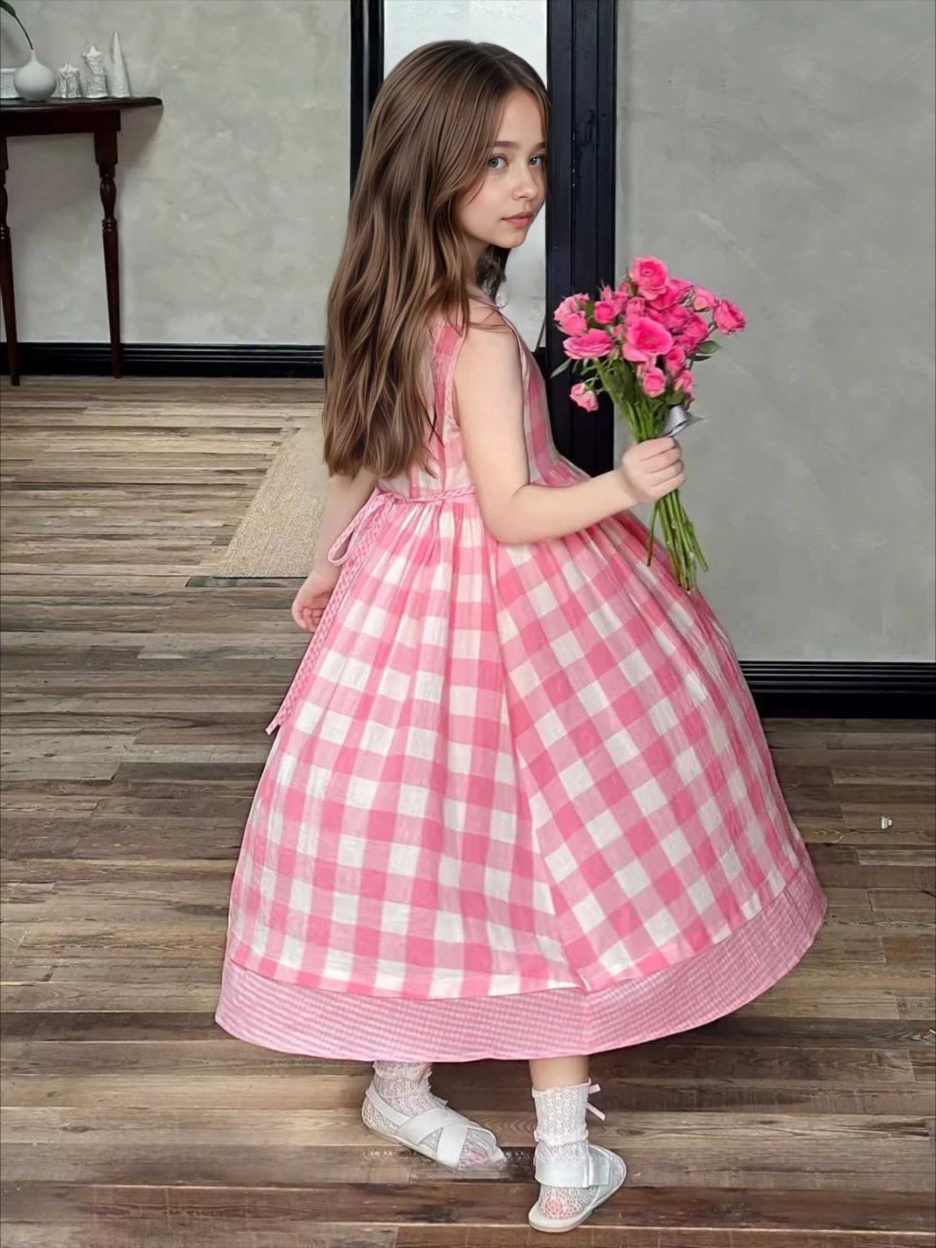 Summer Korean-Style Checkered Dress for Girls Pink White Grid Sleeveless Long Dress with Patchwork Hem Loose Fit Daily Wear H260402