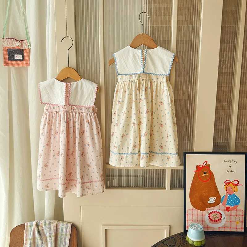 Embroidered Little Bear Navy Collar Girls Dress 2026 Summer New Floral Tank Top Skirt Korean Version Childrens Princess Skirt H260402