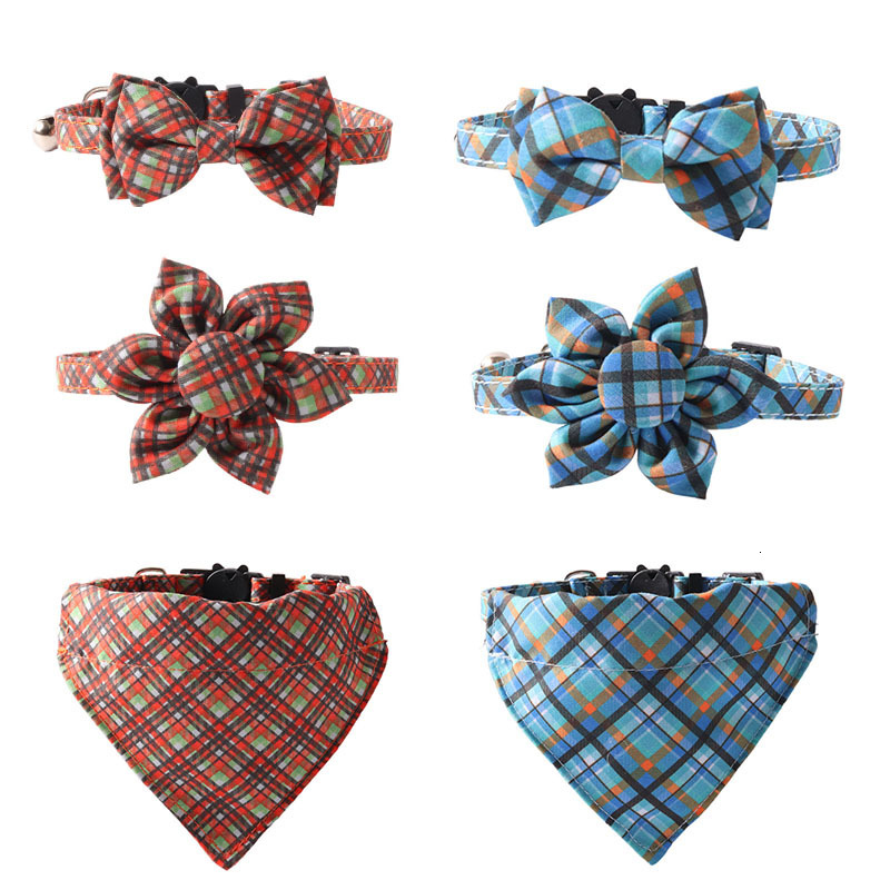 Pet Collar New British Plaid Series Bowknot Triangle Scarf Design For Cats Sunflower Shape