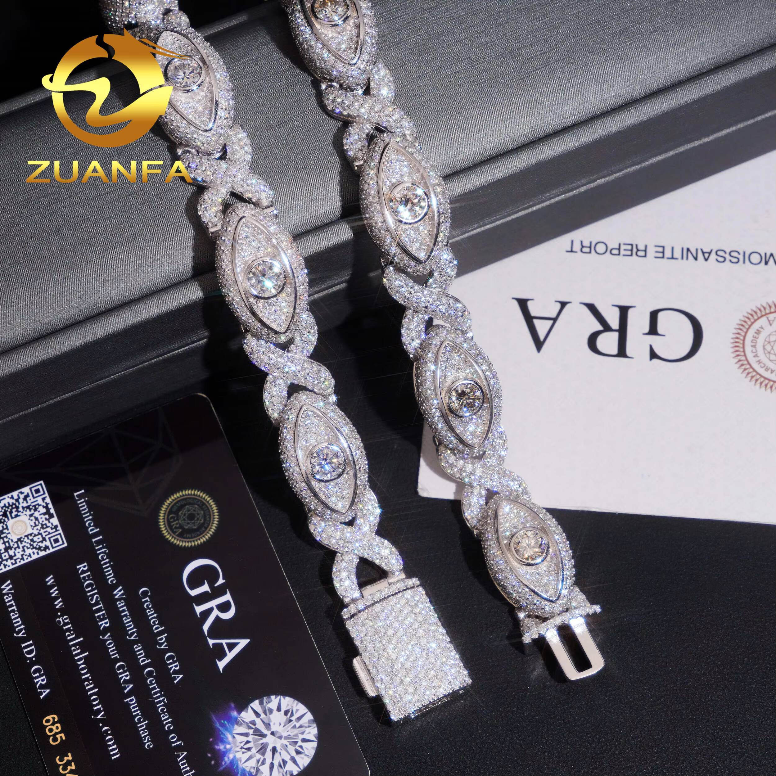 15mm Iced Out Moissanite Diamond Bracelet Eyes Design 925 Silver Hip Hop Jewelry Unisex Moissanite Cuban Link Bracelet