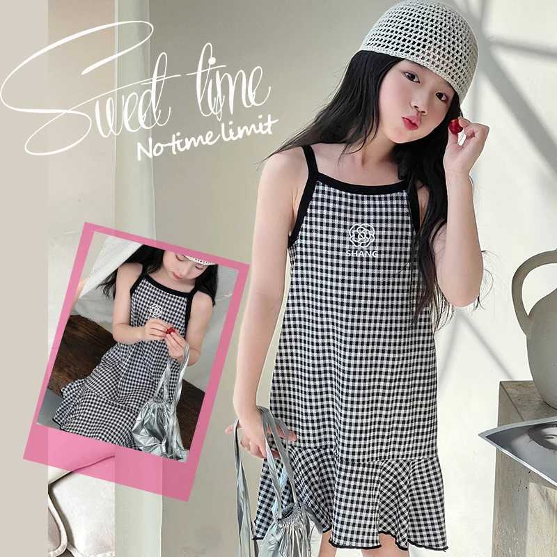 Girls Summer Cotton Dresses Childrens Fashion Dresses Thin Girls Halter Dresses Childrens Flower Dresses Dot Dresses Plaid D H260402