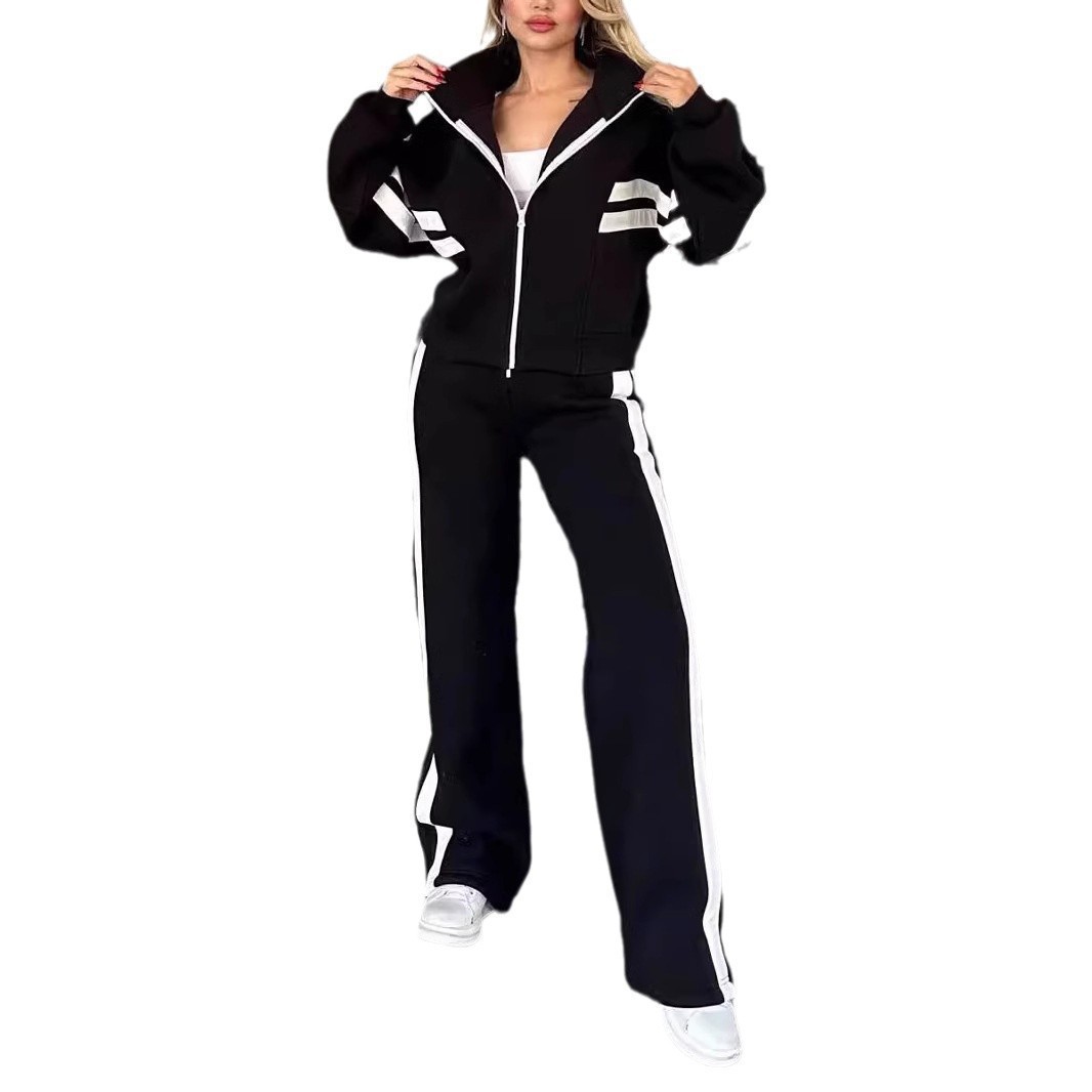 Women's Set Striped Side Full Sleeve Zipper Fly Jacket and Wide Leg Sweatpants 2026 Two 2 Piece Set Outfit Tracksuits Casual Set