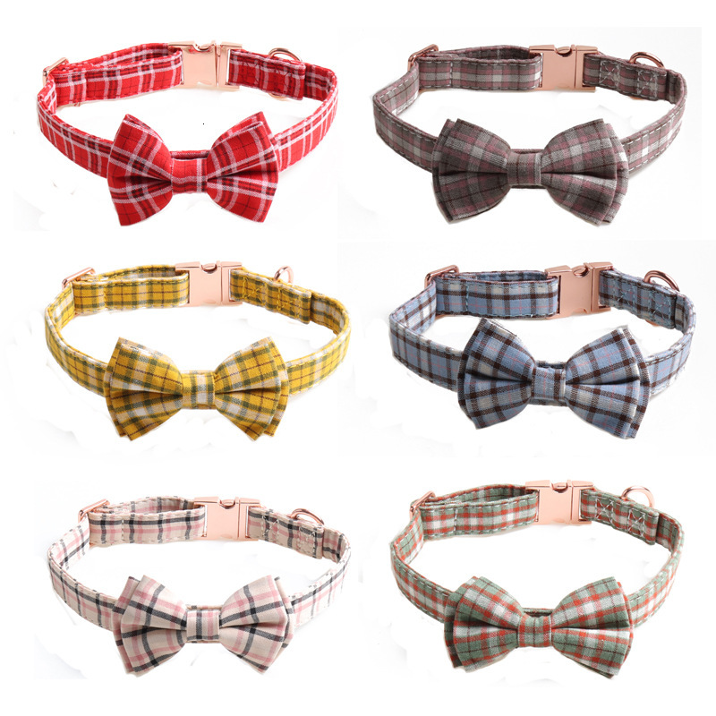 Pet Collar Rose Gold All Metal Buckle Plaid Bow Design Adjustable For Dog Cat Comfortable Pet Neckband