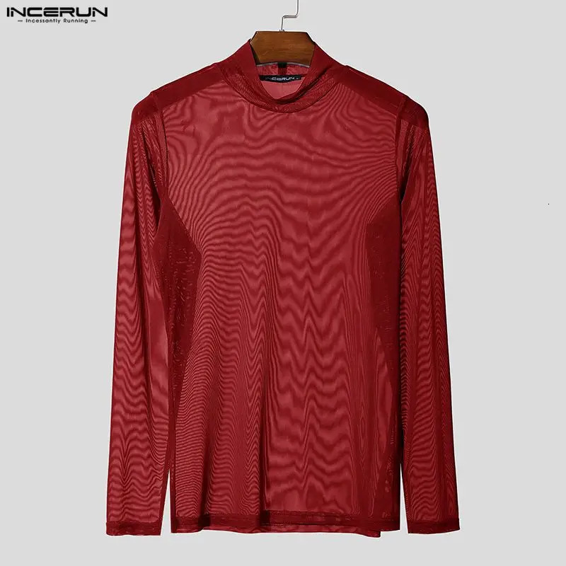 INCERUN Men T Shirt Mesh Long Sleeve See Through Turtleneck Male Tee Tops Sexy Streetwear Fashion Casual Men Clothing Solid 260402