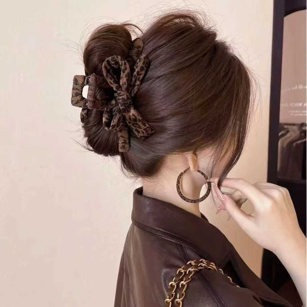 Leopard Print Bow hair claw Women large claw clip Satin Solid Color HairClip Denim HairAccessories H260402