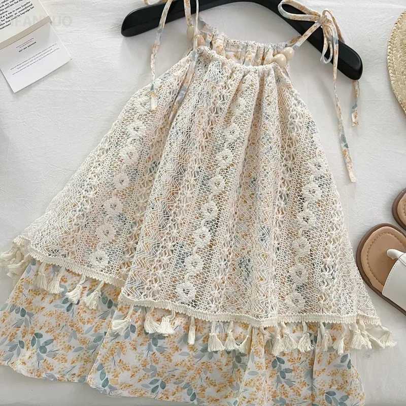 2-12Y Baby Girls Dress New 2025 Summer Fashion Korean Girls Sweet Floral Suspenders Skirt Babys Girl Cute Childrens Lace Dress H260402