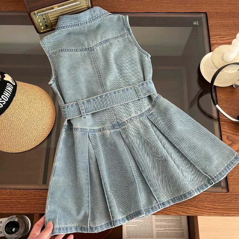 Summer New Girls Denim Dress Belt Decoration Lapel Collar Sleeveless Tutu Princess Dress For 2 -10 Years Kids Fashion Dress H260402