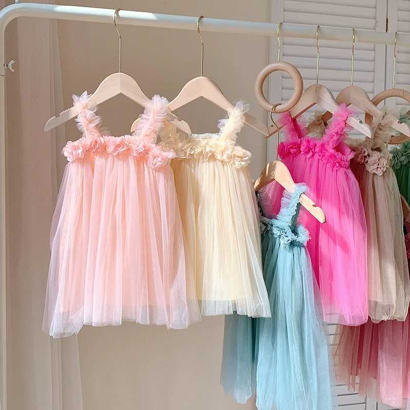 Kids Sweet Mesh Dress 1-6T Summer Children Mesh Tulle Princess Slip Tutu Dresses Girls 6 Colors 3D Flower Mermaid Birthday Dress H260402