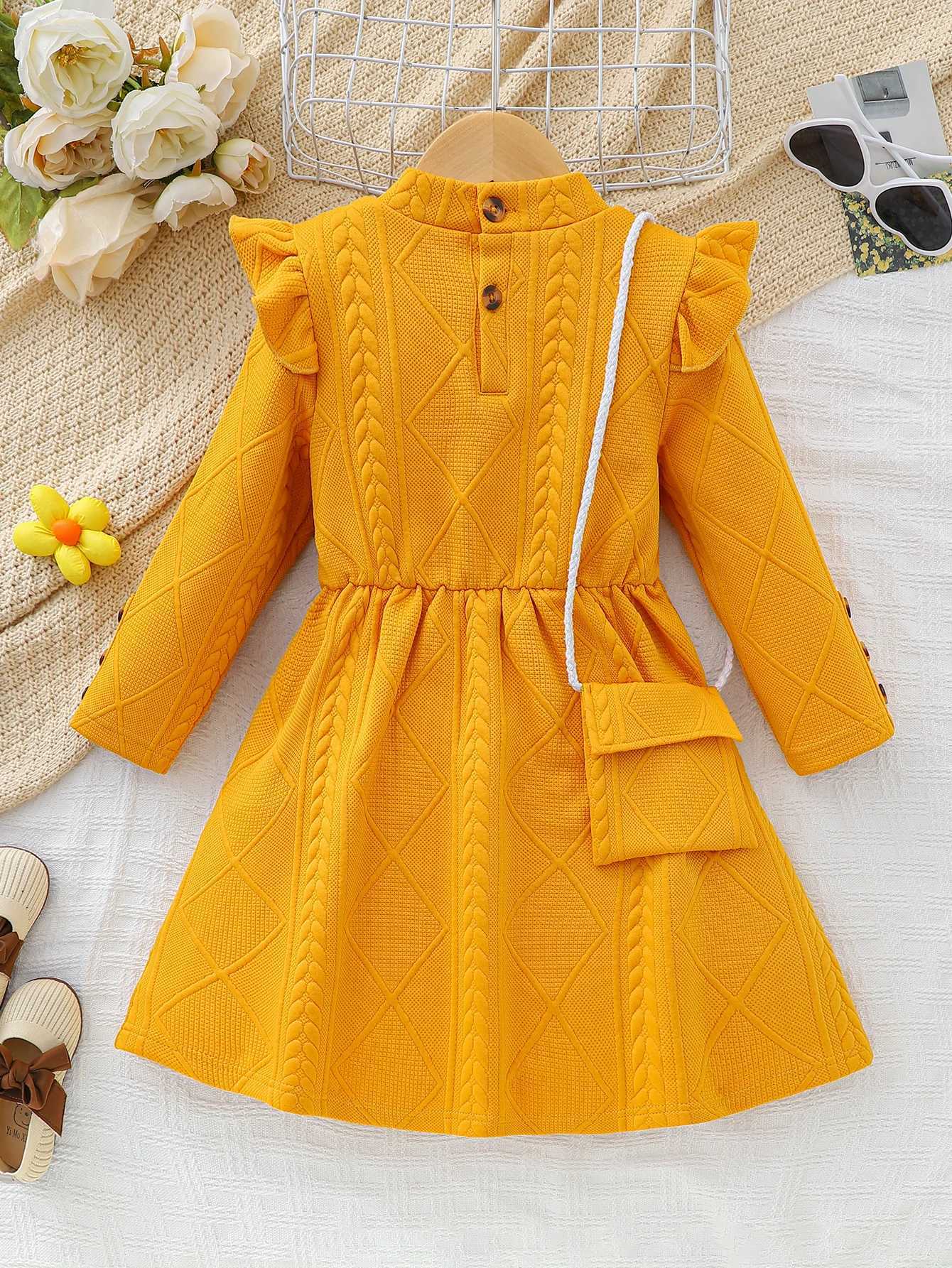 Little Girls Autumn/Winter Yellow Butterfly Thickened Long-Sleeve Dress Bag H260402