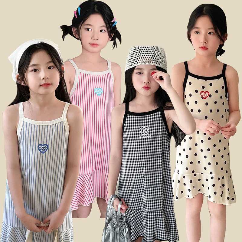 Girls Summer Cotton Dresses Childrens Fashion Dresses Thin Girls Halter Dresses Childrens Flower Dresses Dot Dresses Plaid D H260402