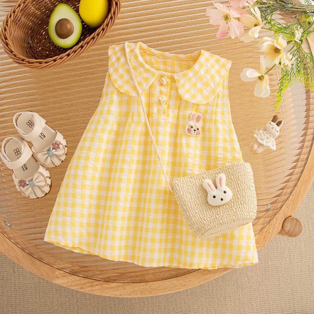 Baby Girl Dress Summer Plaid And Cartoon Pattern Sleeveless Doll Collar Baby Dresses Cute Casual Girl Kids Dress With Bag H260402