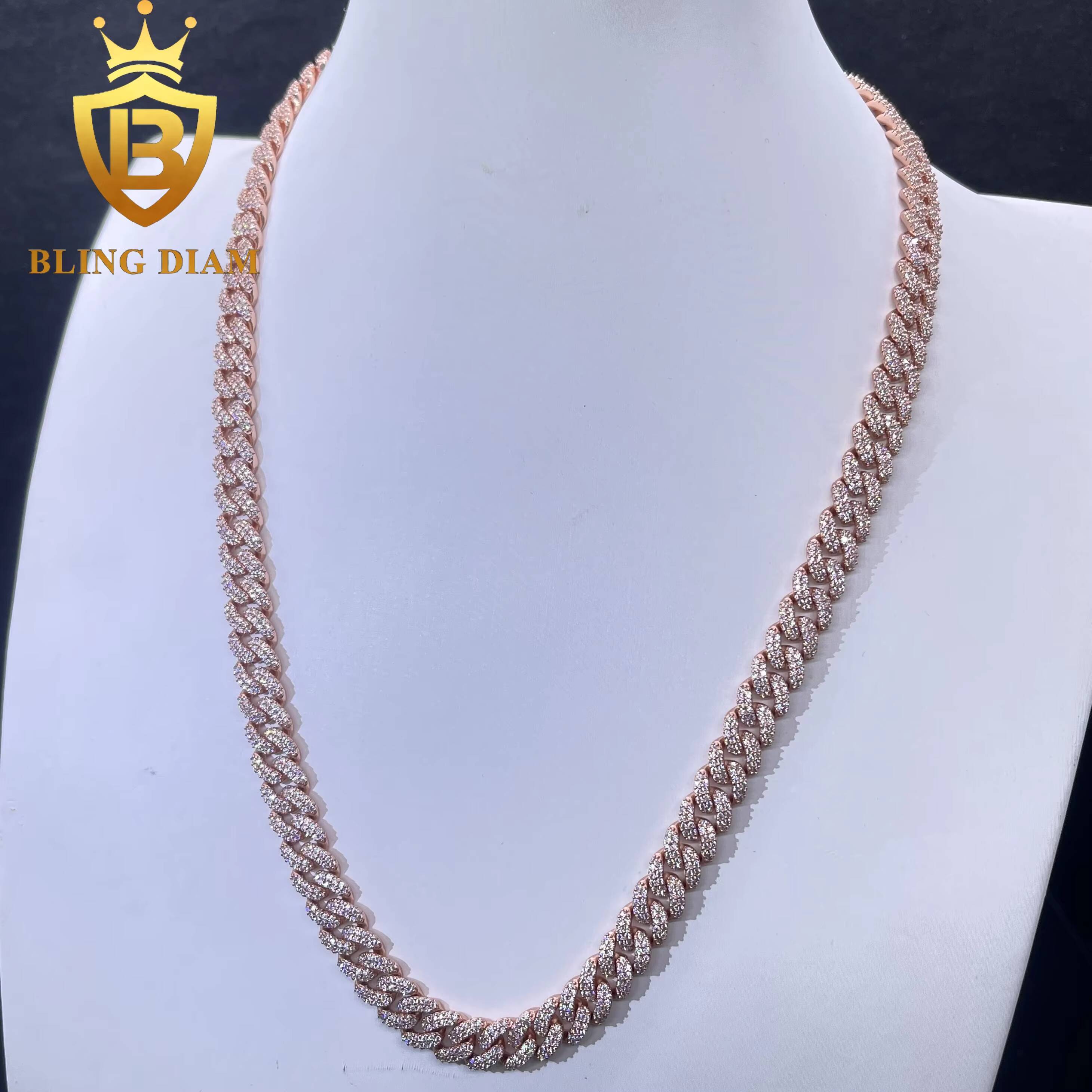 8mm Iced Out Hip Hop Miami Rose Gold Cuban Link Chain Moissanite 925 Sterling Silver Necklace Bracelet Set for Men