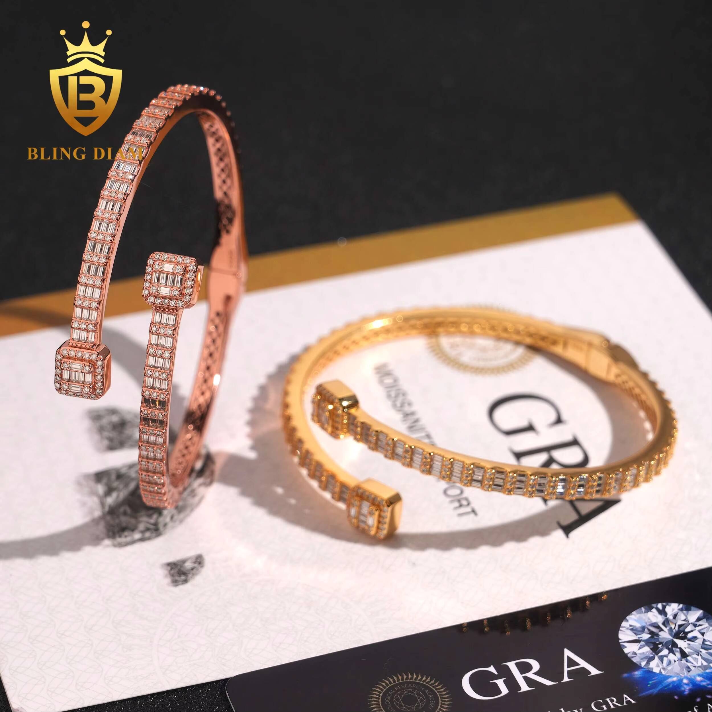 Pass Diamond Tester Fine Jewelry Square S925 Silver Gold Plated VVS Baguette Moissanite Diamond Bangle Bracelet Men Women