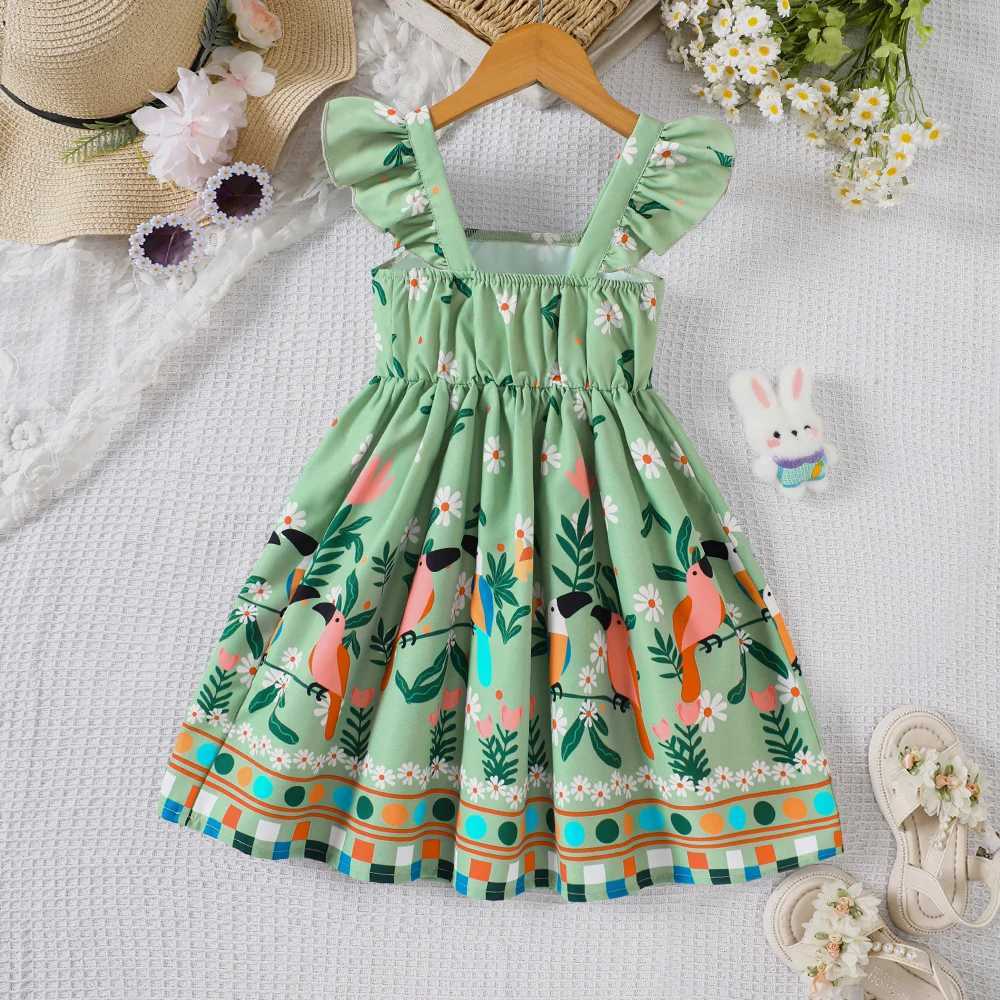 Girls summer style small fly sleeve plant print dress H260402