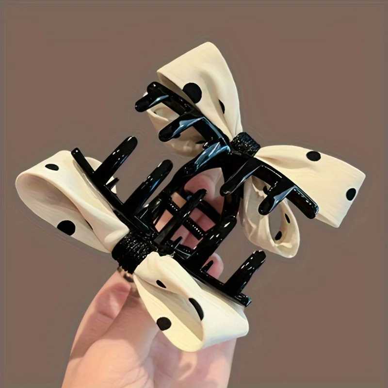 Vintage-Inspired Fabric Black White Polka Dot Bow Hair Claw - Elegant Shark Clip for Date Night Daily Wear H260402