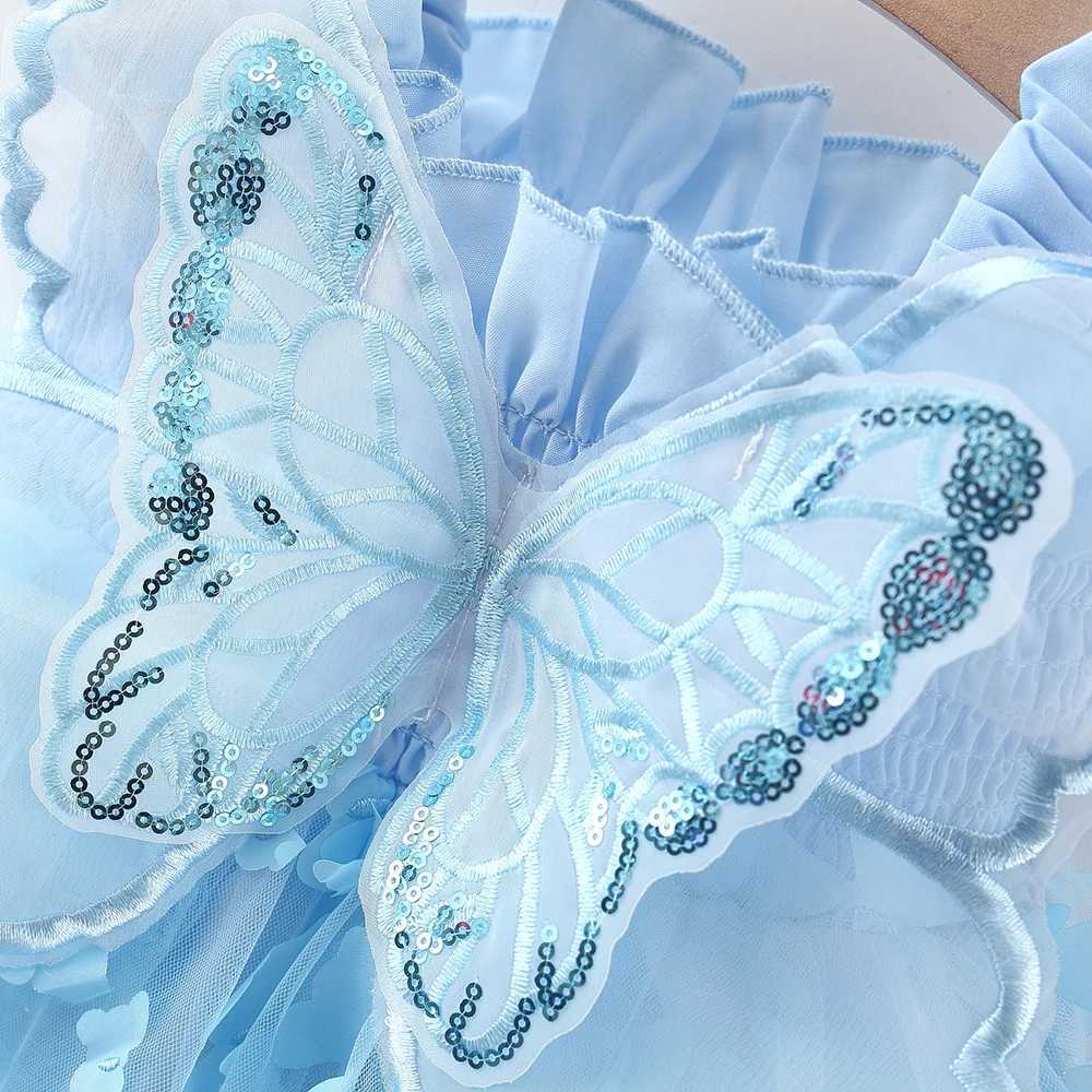 Summer 0-3 Girls Dress Solid Color Butterfly 3D Mesh Splicing Butterfly Wings Strap Fluffy Dress H260402