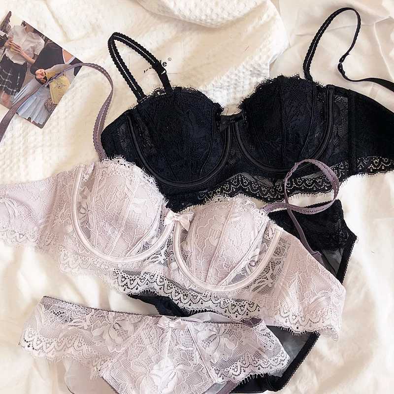 French Lace Embroidery Lingerie Set Women 1/2Thin Cup Push Up Bra Detachable Strap Anti-slip Lavender Brassiere and Panties Z260402