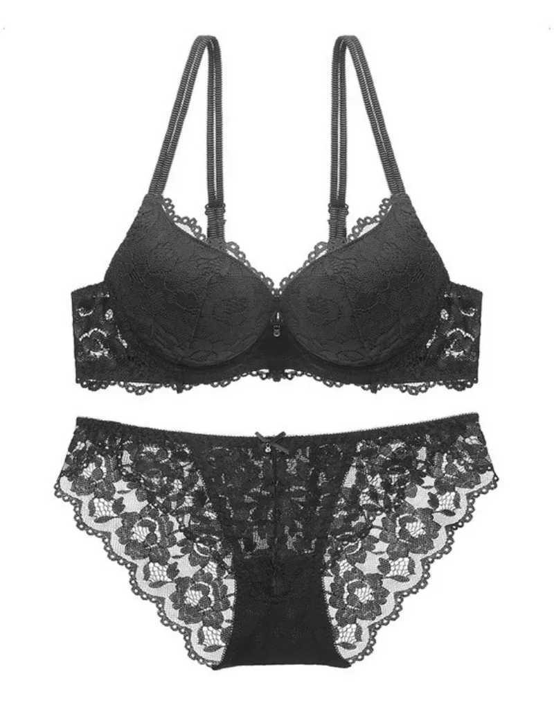Lace Floral Womens Underwear Set Double Straps Push-Up Bra Hollow-Out Panties Z260402