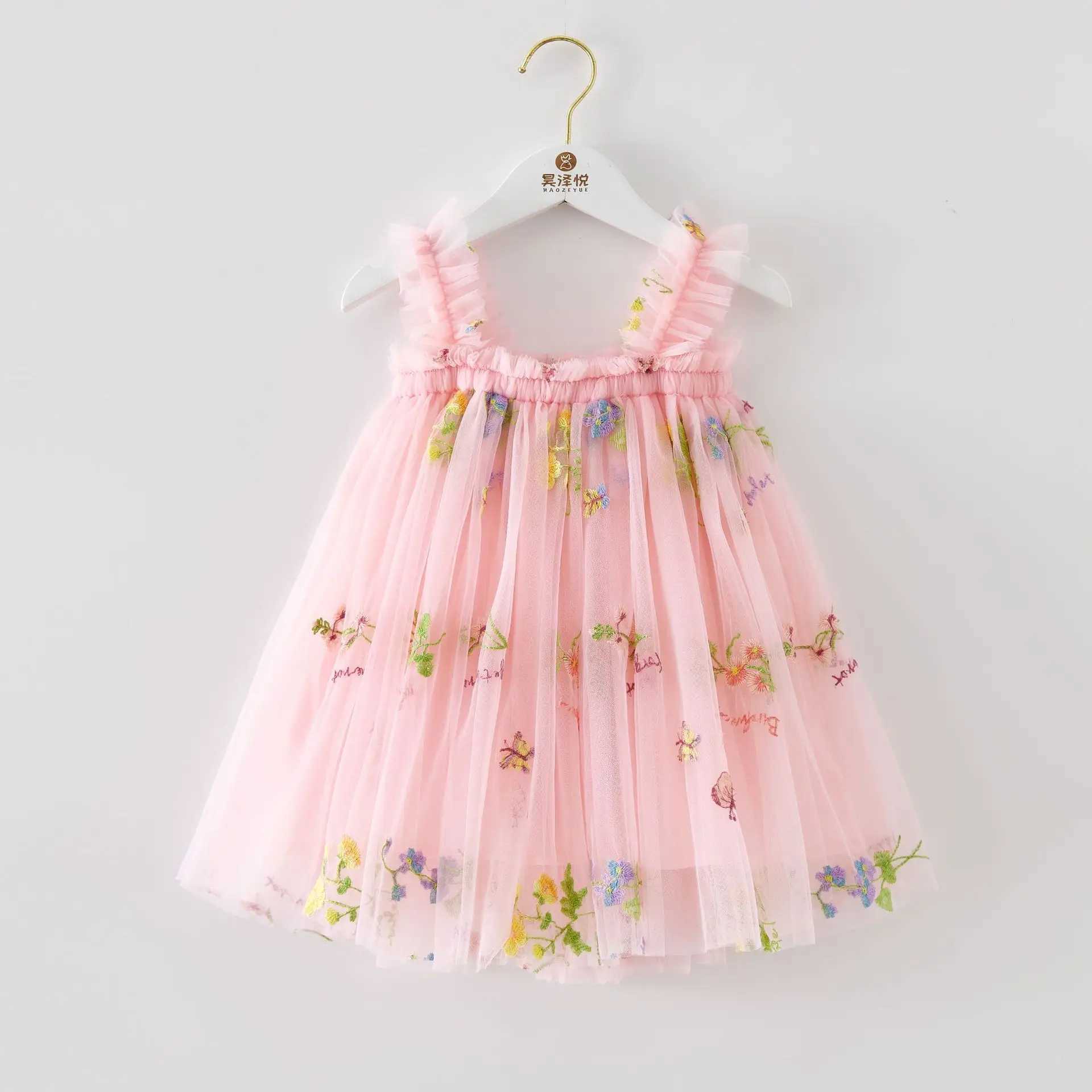 Baby Girl Dresses Summer Suspenders Flower Embroidery Mesh Dress Cute Wedding Flower Infant Girl Clothes H260402