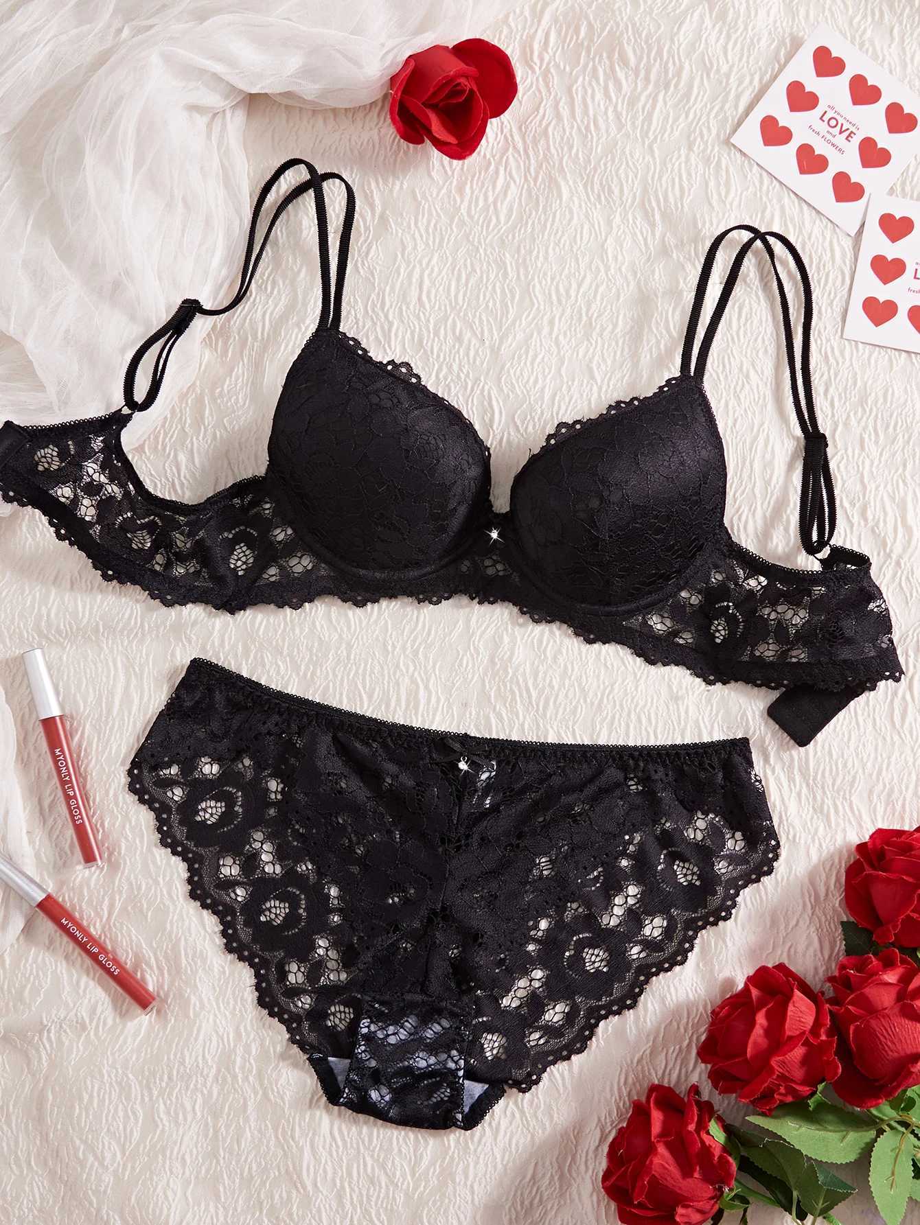 Solid Color Womens Underwear Set Lace Patchwork with Push-Up Bow Bra Romantic Semi-Transparent Womens Panties Z260402