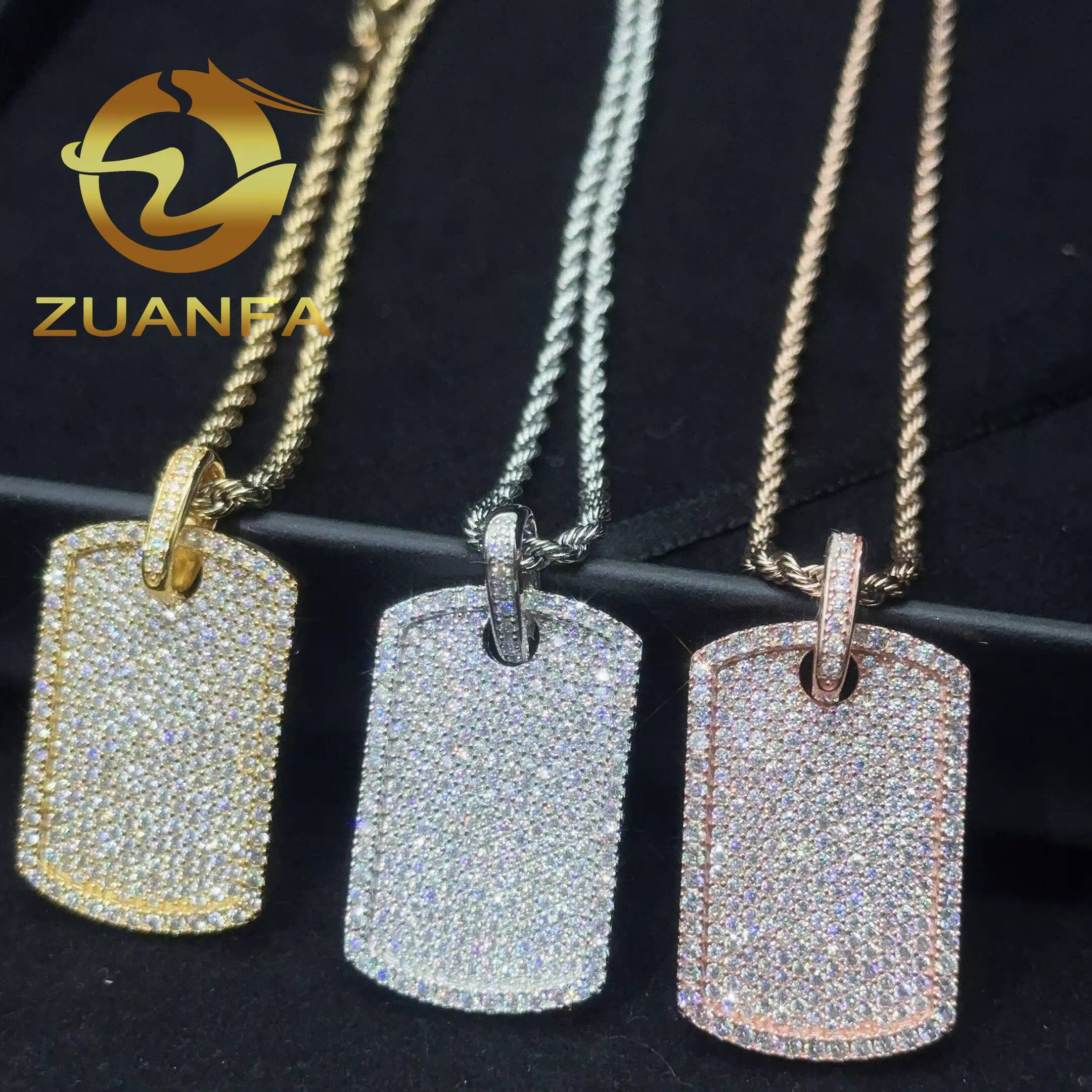 Ready to Ship Moissanite Hip Hop Jewelry Tag Iced Out Pendant Sterling Silver 925 Moissanite Dog Tag Pendant With Rope Chain