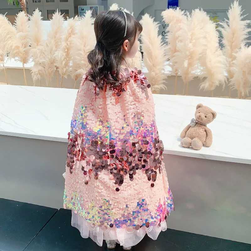 Cute Button Shining Sequins Cloak 2025 New Girls Princess Mermaid Dress Up Capes Party Girls Performance Shawl Halloween Xmas H260402