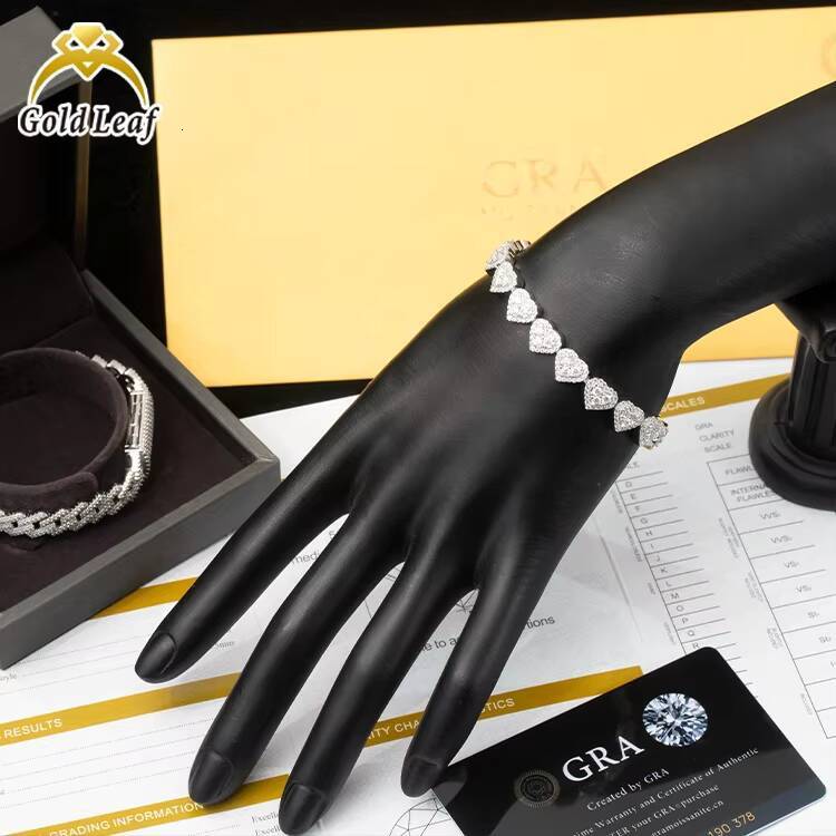 Goldleaf Jewelry 925 Sterling Silver Hiphop Heart Shape Moissanite Bracelet Bangles 8mm VVS Iced 8mm Cuban Link Chain