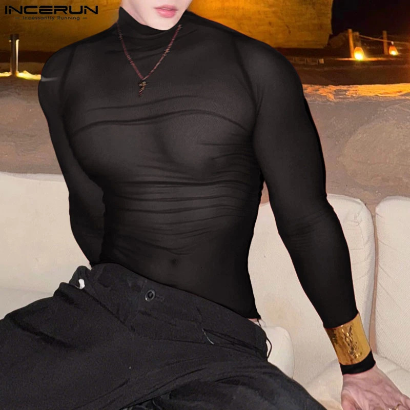 INCERUN Men T Shirt Mesh Long Sleeve See Through Turtleneck Male Tee Tops Sexy Streetwear Fashion Casual Men Clothing Solid 260402
