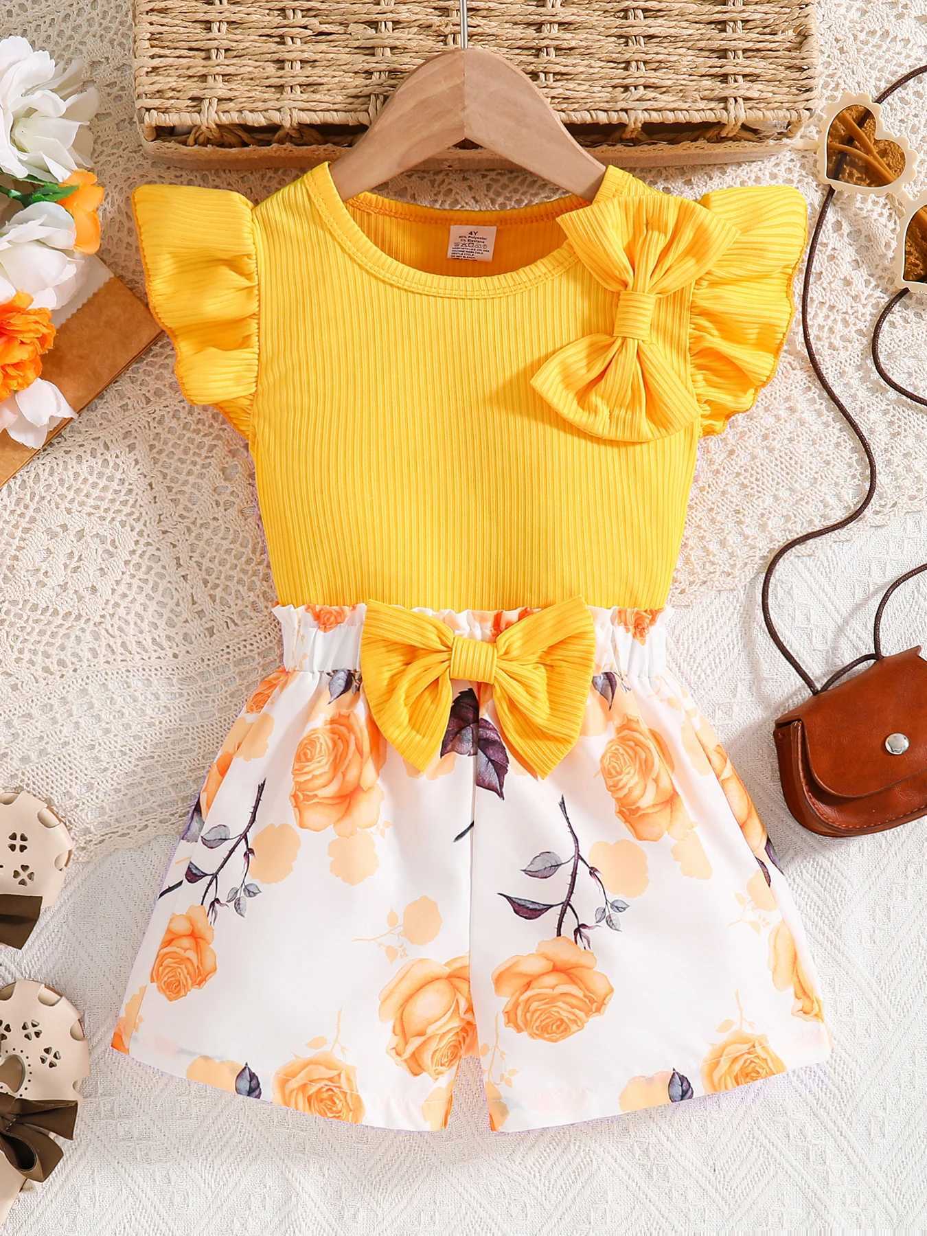 2025 Fashion Girl Summer solid color breathable wear-resistant and washable knitted top with flower print pattern dress H260402