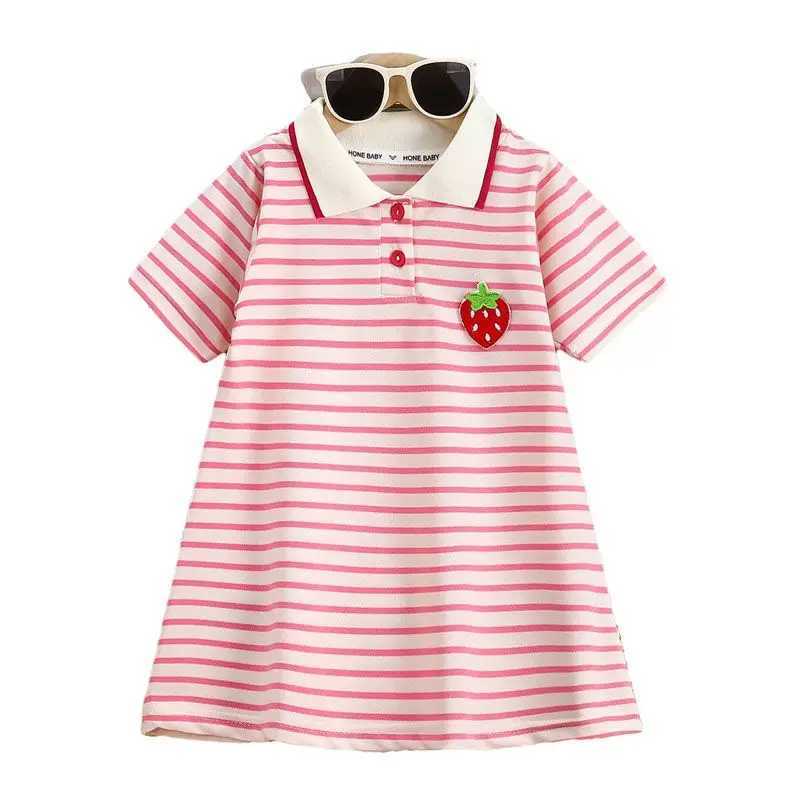2025 New Childrens Dress Girls Summer Korean Edition Fashion Casual Striped Collar Short sleeved Dress1-10Y H260402