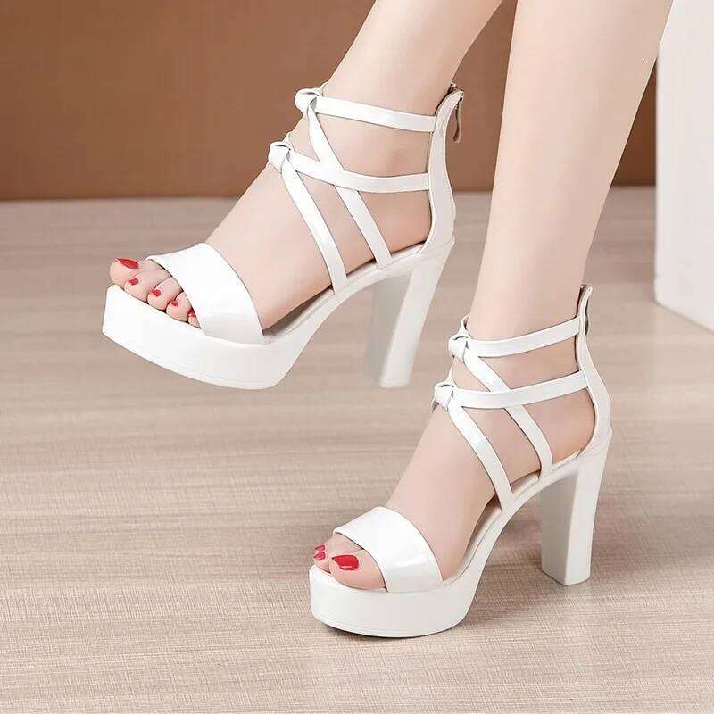 Big Size 32-43 Block Heel Platform Women Wedding Shoes 2025 Summer High Heels Gladiator Patent Leather Sandals