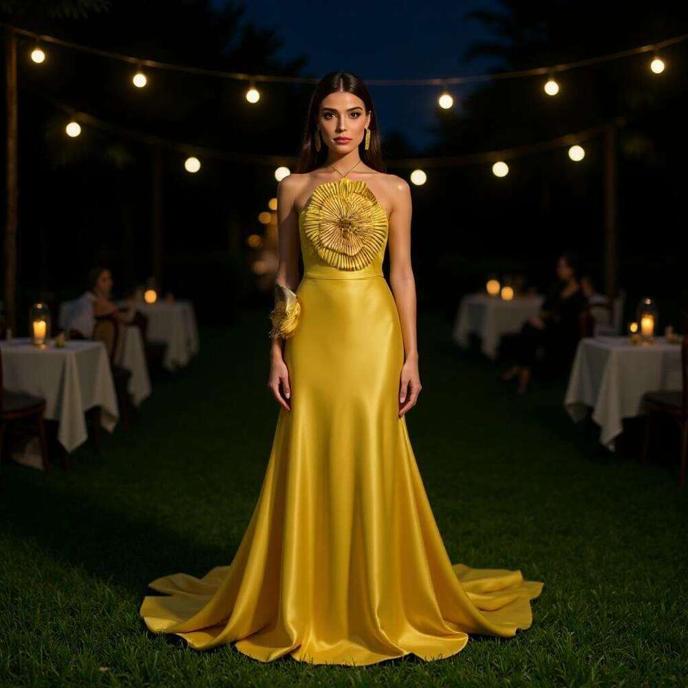 Elegant Yellow Satin Evening Dress for Women, Strapless 3D Floral Mermaid Formal Gown with Train, Luxury Prom Party Wedding Guest Sparkly Crystal Bodycon Bandage