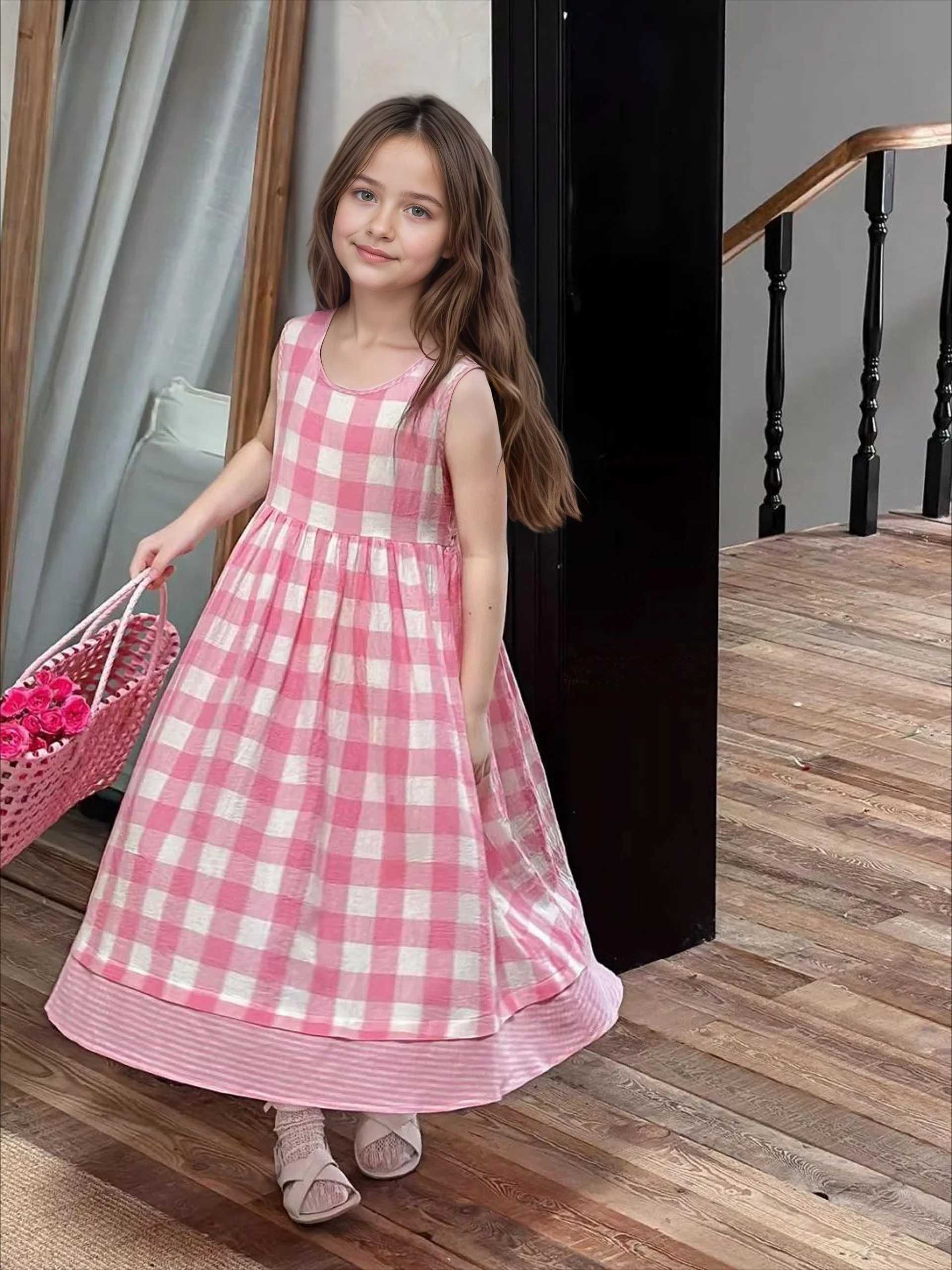 Summer Korean-Style Checkered Dress for Girls Pink White Grid Sleeveless Long Dress with Patchwork Hem Loose Fit Daily Wear H260402
