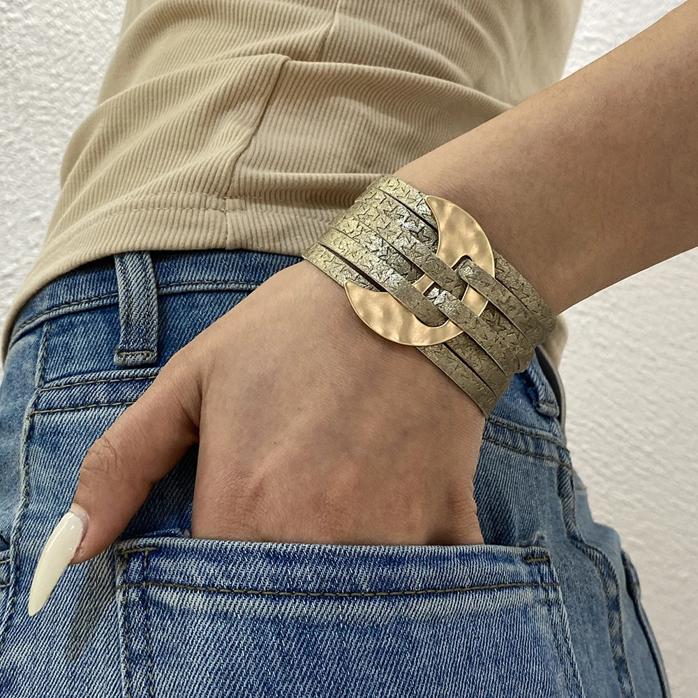 ALLYES Fashion Star Print Leather Bracelet Jewelry Gift Boho Moon Braided Chunky Multilayer Wrap Wide Bangle Bracelets for Women 260318BJ