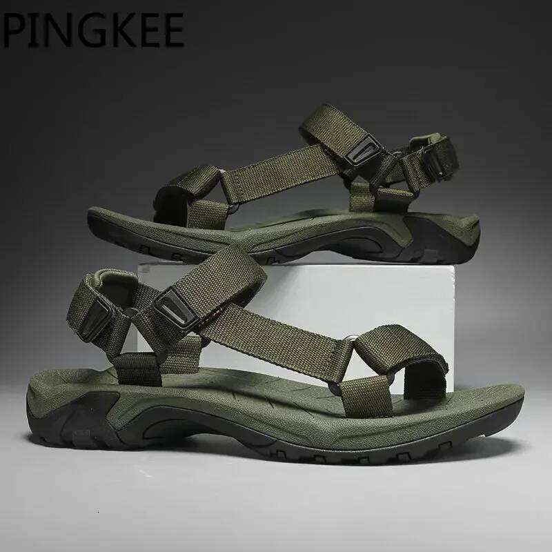 PINGKEE Fabric Upper Adjustable Hook Loop Closure Open Toe Sandals Leather Male Sandal Classic Summer Slip on Flat Men's Shoes