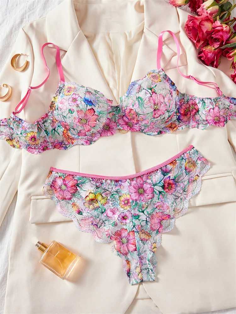 Female Lingerie Sweet Print Mesh Underwear Beautiful Floral Bra Panty Set Summer Intimate Lingerie Ultra Bralette Set Z260402