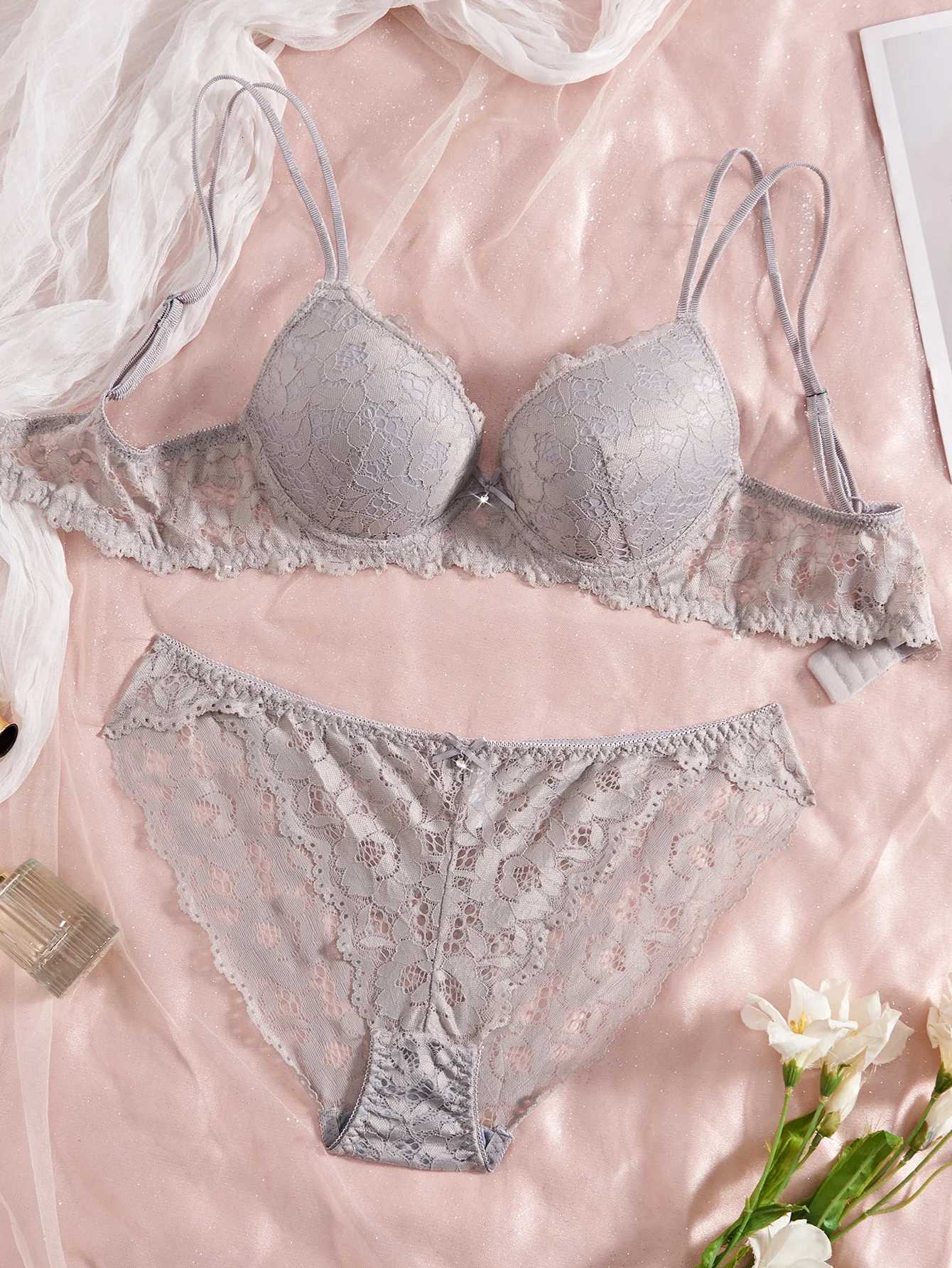 Solid Color Womens Underwear Set Lace Patchwork with Push-Up Bow Bra Romantic Semi-Transparent Womens Panties Z260402